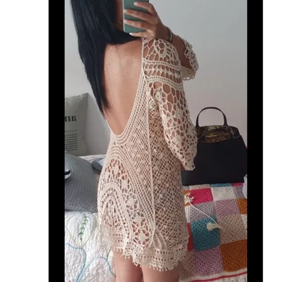 New Beige Bohemian Crochet Beach Dress - Picture 5 of 6